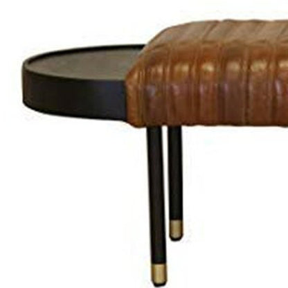 58" Brown And Black Genuine Leather And Solid Wood Upholstered Bench
