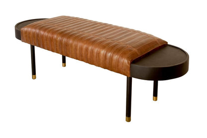 58" Brown And Black Genuine Leather And Solid Wood Upholstered Bench