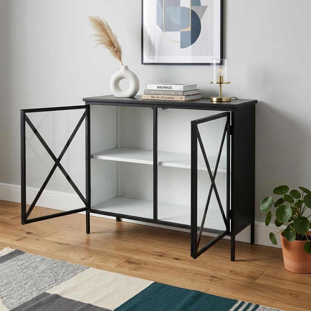 41" Black Iron Sideboard with Two Glass Doors