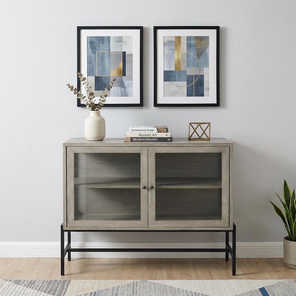 38" Gray Solid Wood Sideboard with Two Glass Doors