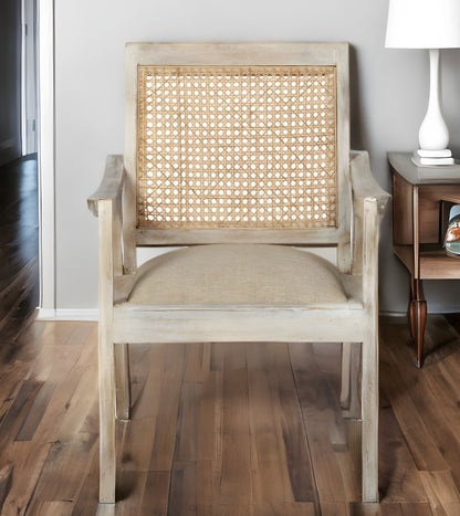 28" Cream and Natural Fabric Distressed Arm Chair