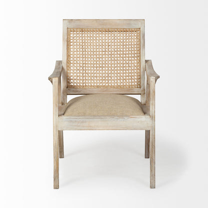 28" Cream And Natural Fabric Distressed Arm Chair