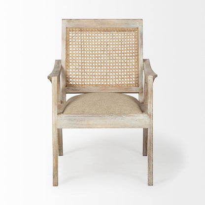 28" Cream and Natural Fabric Distressed Arm Chair