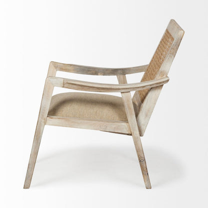 28" Cream and Natural Fabric Distressed Arm Chair