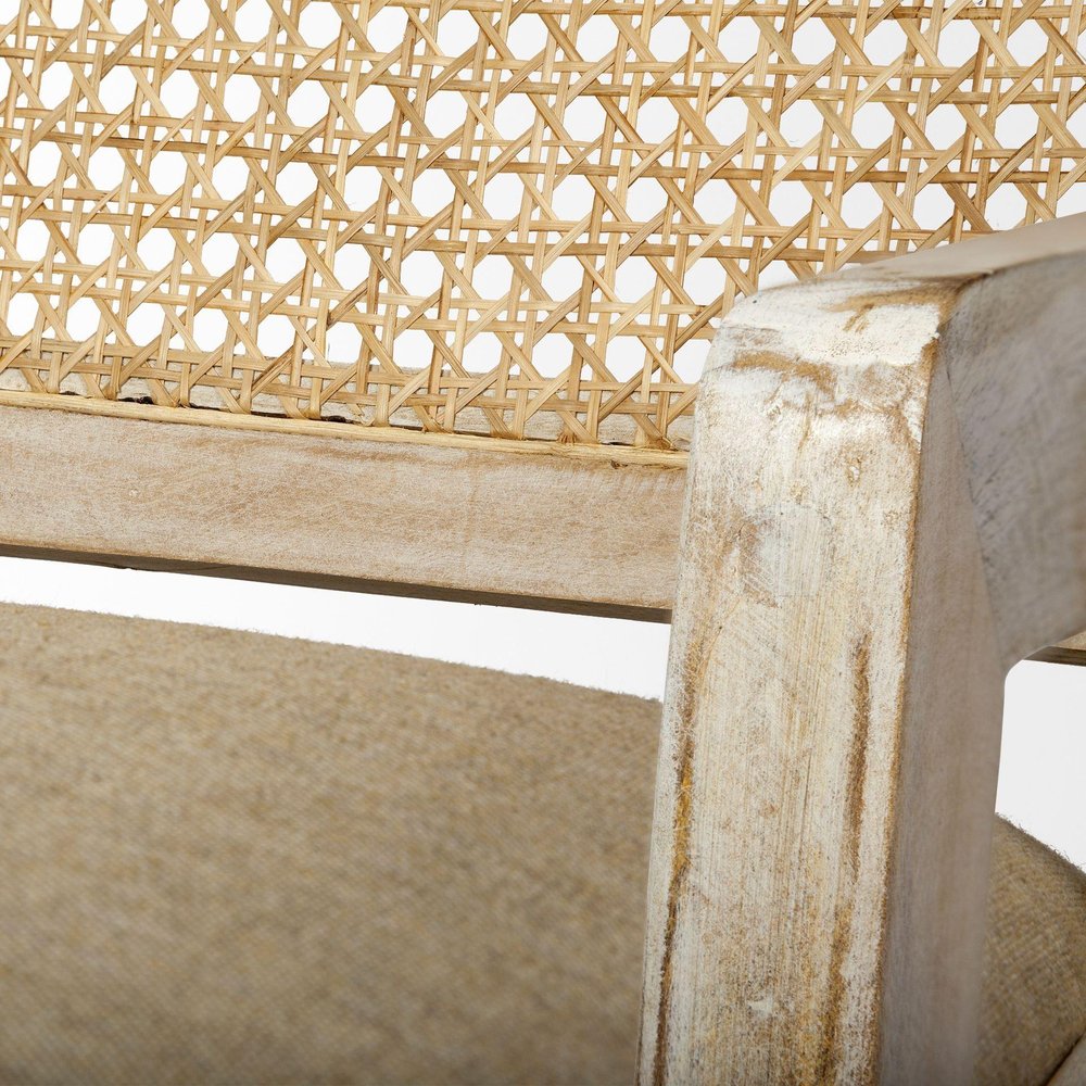 28" Cream and Natural Fabric Distressed Arm Chair