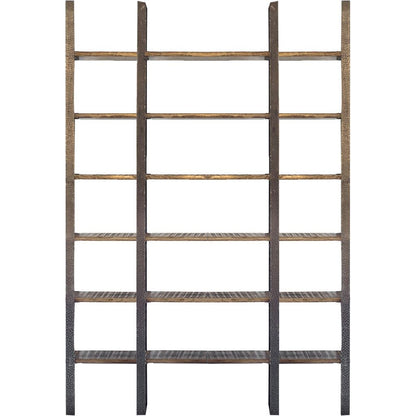 90" Brown Distressed Iron and Solid Wood Six Tier Bookcase