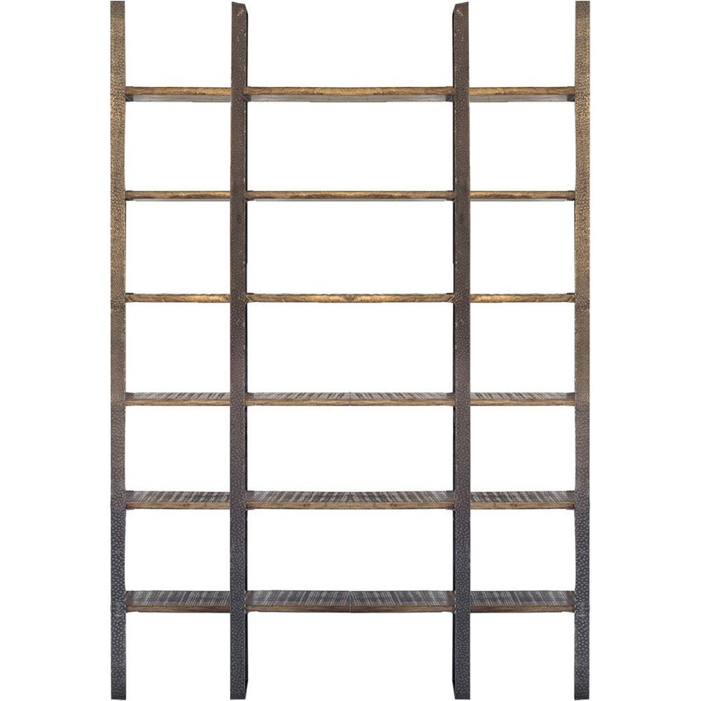 Brown Iron and Solid Wood Six Tier Bookcase