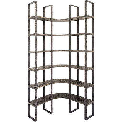 Brown Iron and Solid Wood Six Tier Bookcase