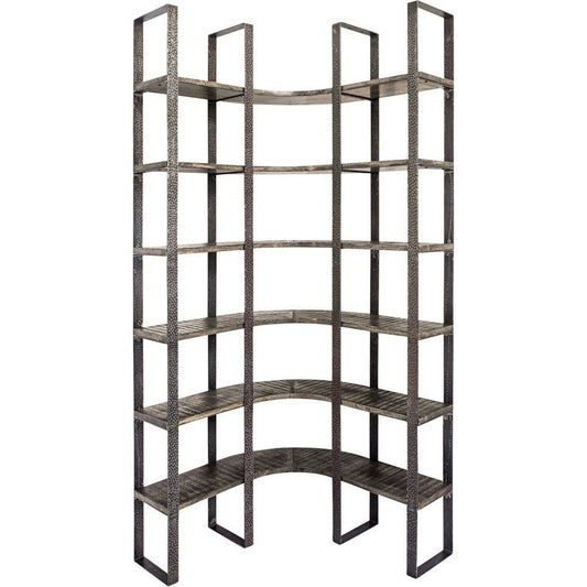 Brown Iron and Solid Wood Six Tier Bookcase