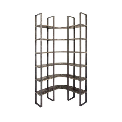 Brown Iron and Solid Wood Six Tier Bookcase