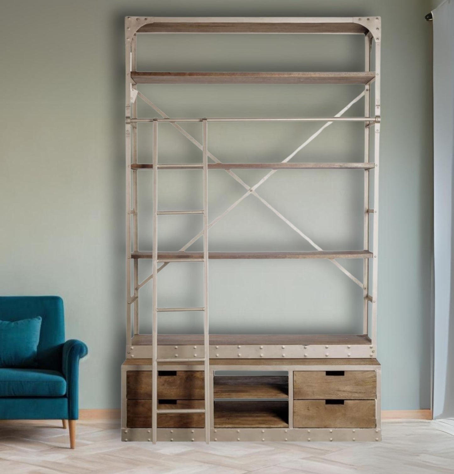 94" Brown Distressed Nickel and Solid Wood Six Tier Bookcase with Four Drawers