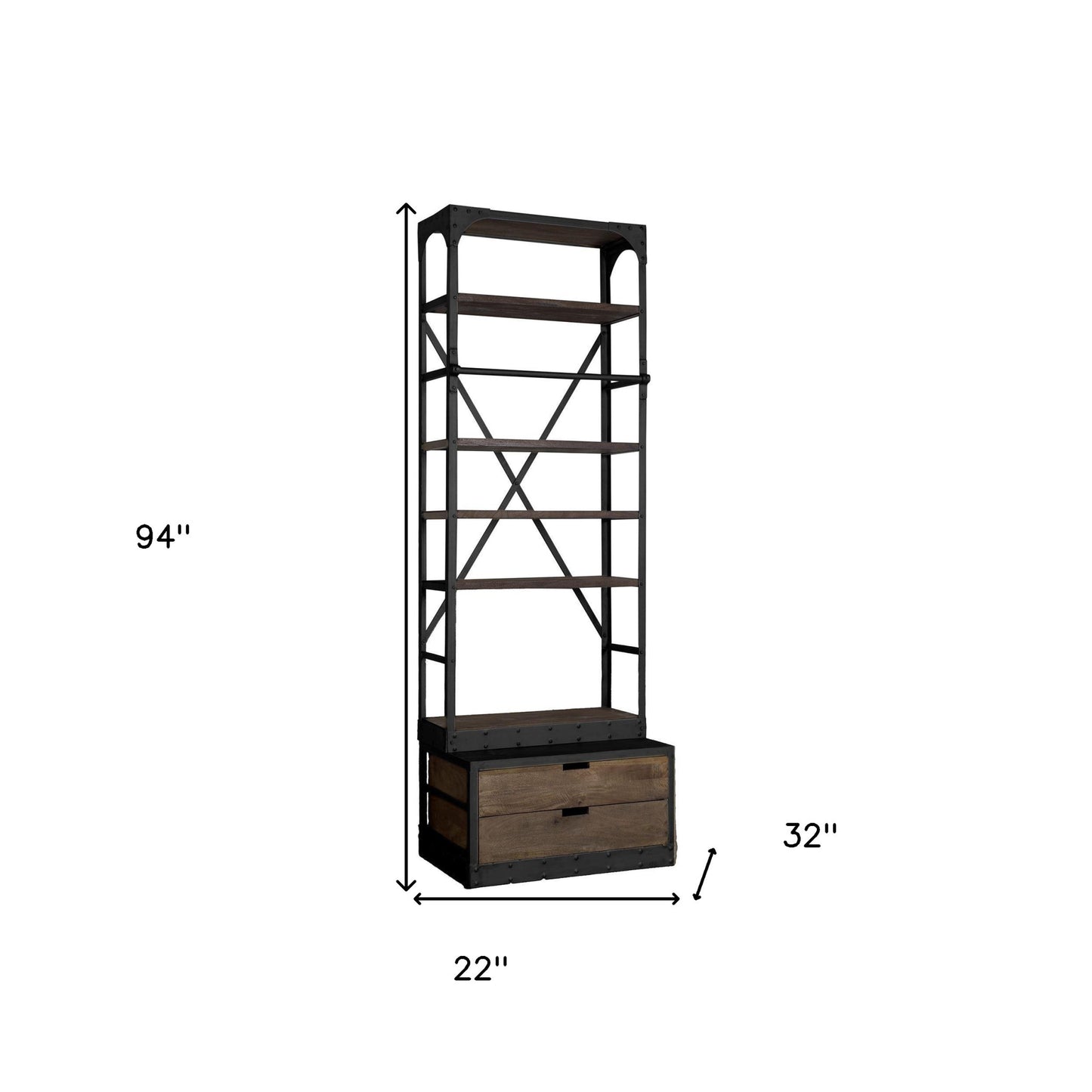 94" Black Distressed Iron and Solid Wood Five Tier Bookcase with Two Drawers