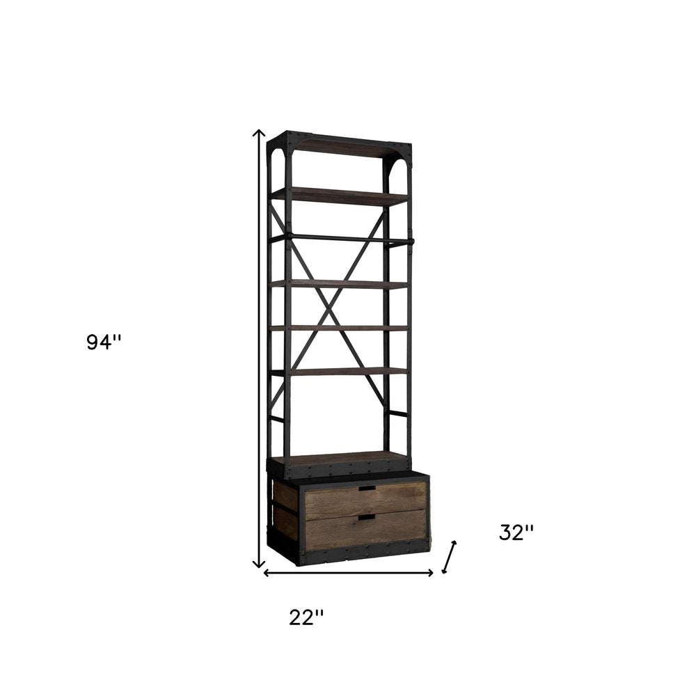 Black Iron and Solid Wood Five Tier Bookcase with Two Drawers