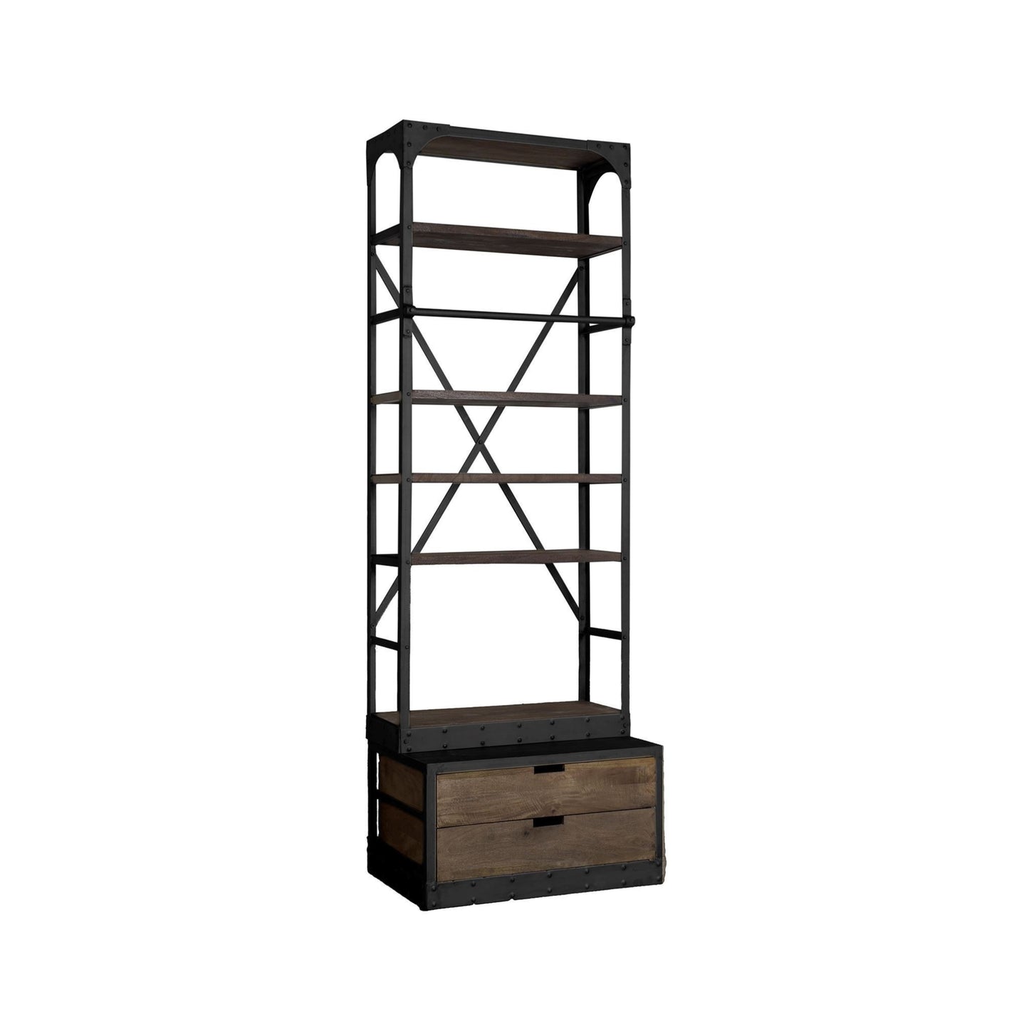 94" Black Distressed Iron and Solid Wood Five Tier Bookcase with Two Drawers