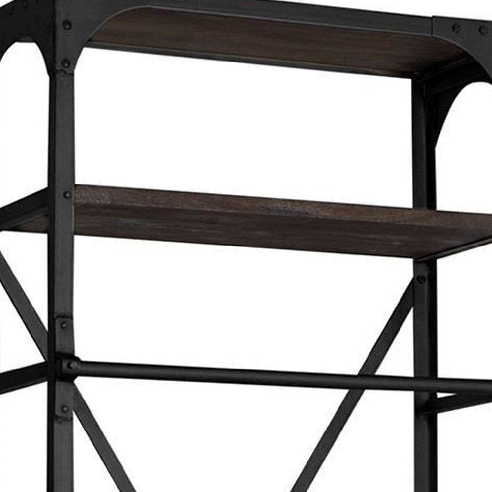 Black Iron and Solid Wood Five Tier Bookcase with Two Drawers