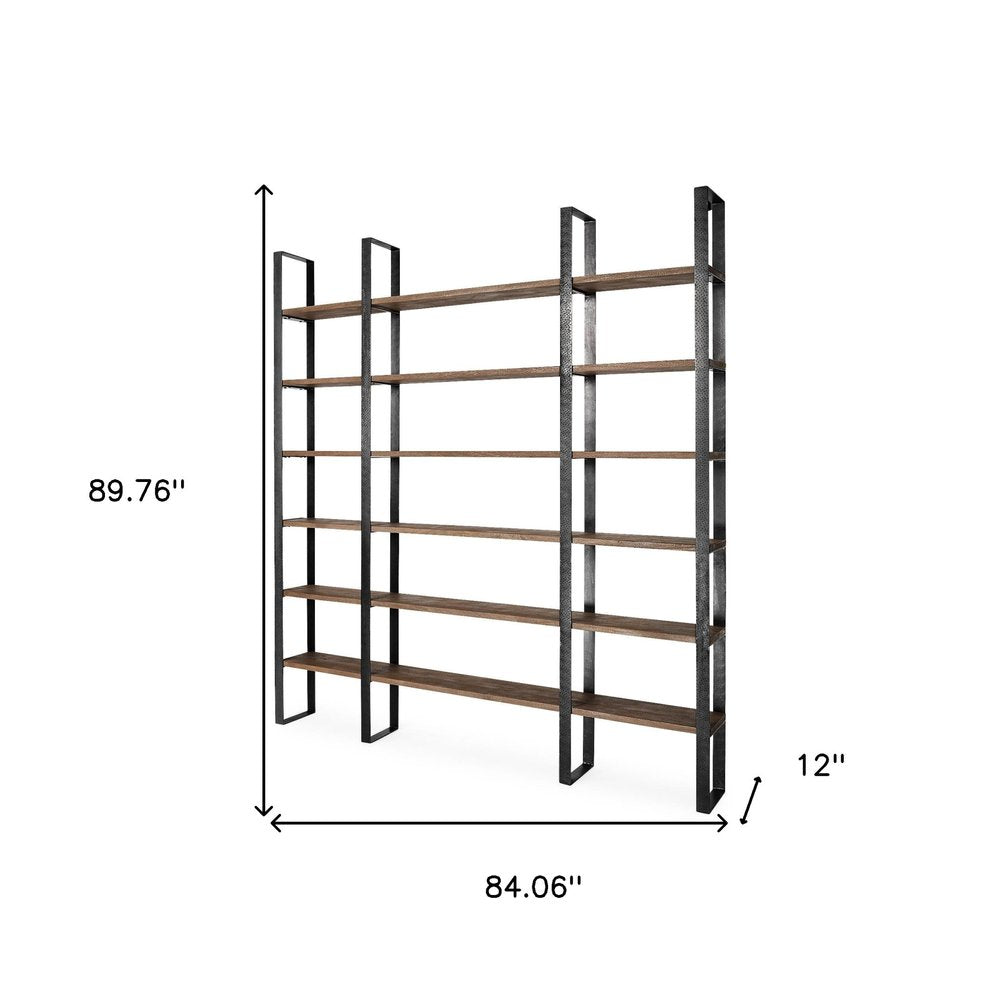 Brown Iron and Solid Wood Six Tier Bookcase