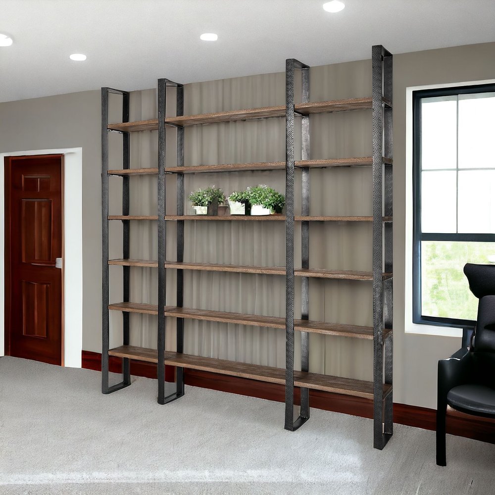 Brown Iron and Solid Wood Six Tier Bookcase