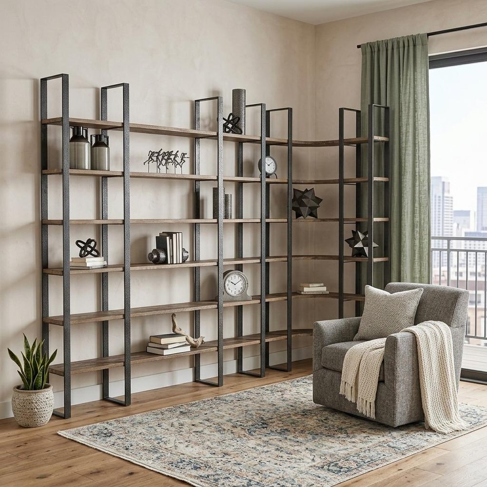 Brown Iron and Solid Wood Six Tier Bookcase