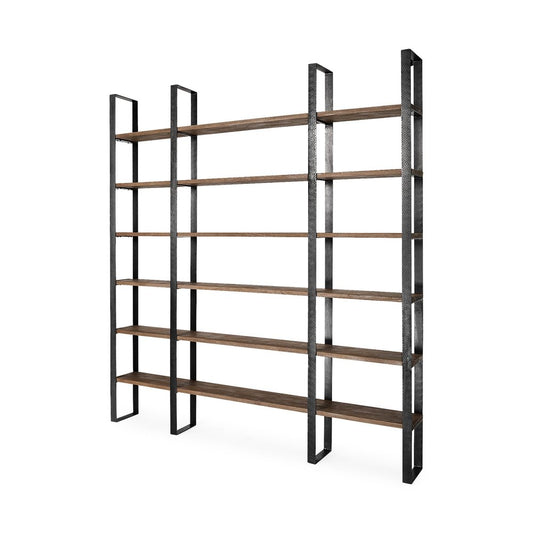 Brown Iron and Solid Wood Six Tier Bookcase