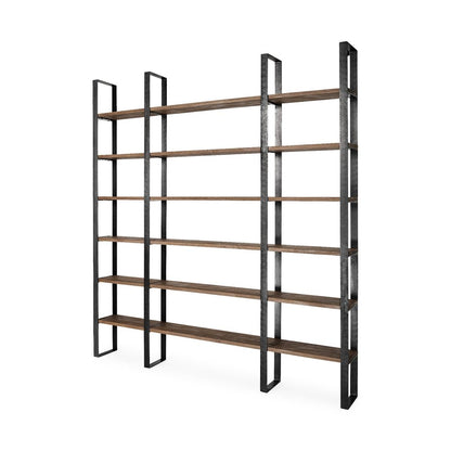 Brown Iron and Solid Wood Six Tier Bookcase
