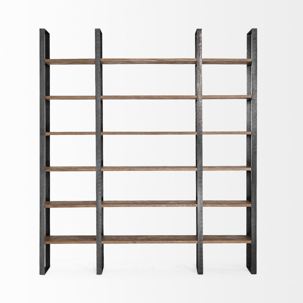 Brown Iron and Solid Wood Six Tier Bookcase