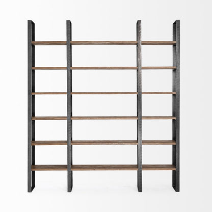 Brown Iron and Solid Wood Six Tier Bookcase