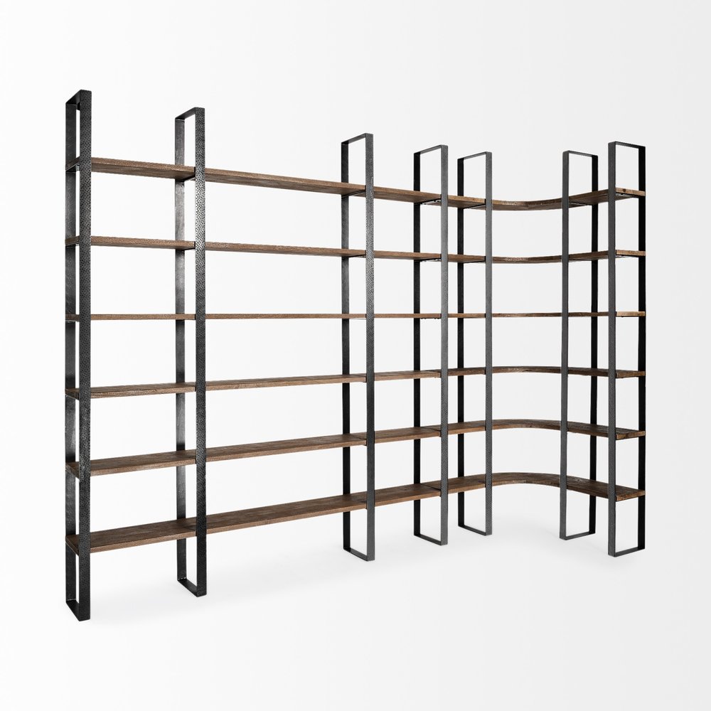 Brown Iron and Solid Wood Six Tier Bookcase