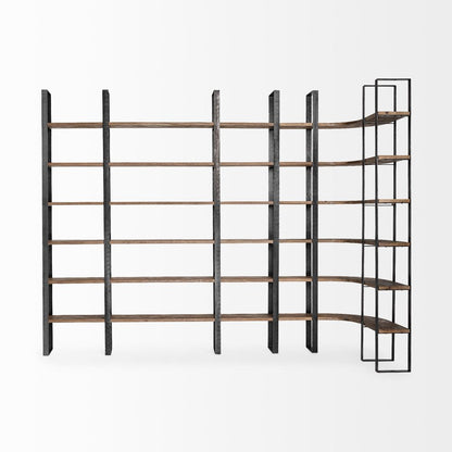 Brown Iron and Solid Wood Six Tier Bookcase
