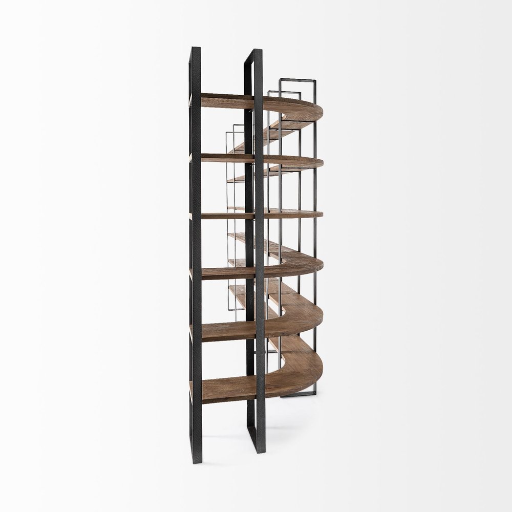 Brown Iron and Solid Wood Six Tier Bookcase