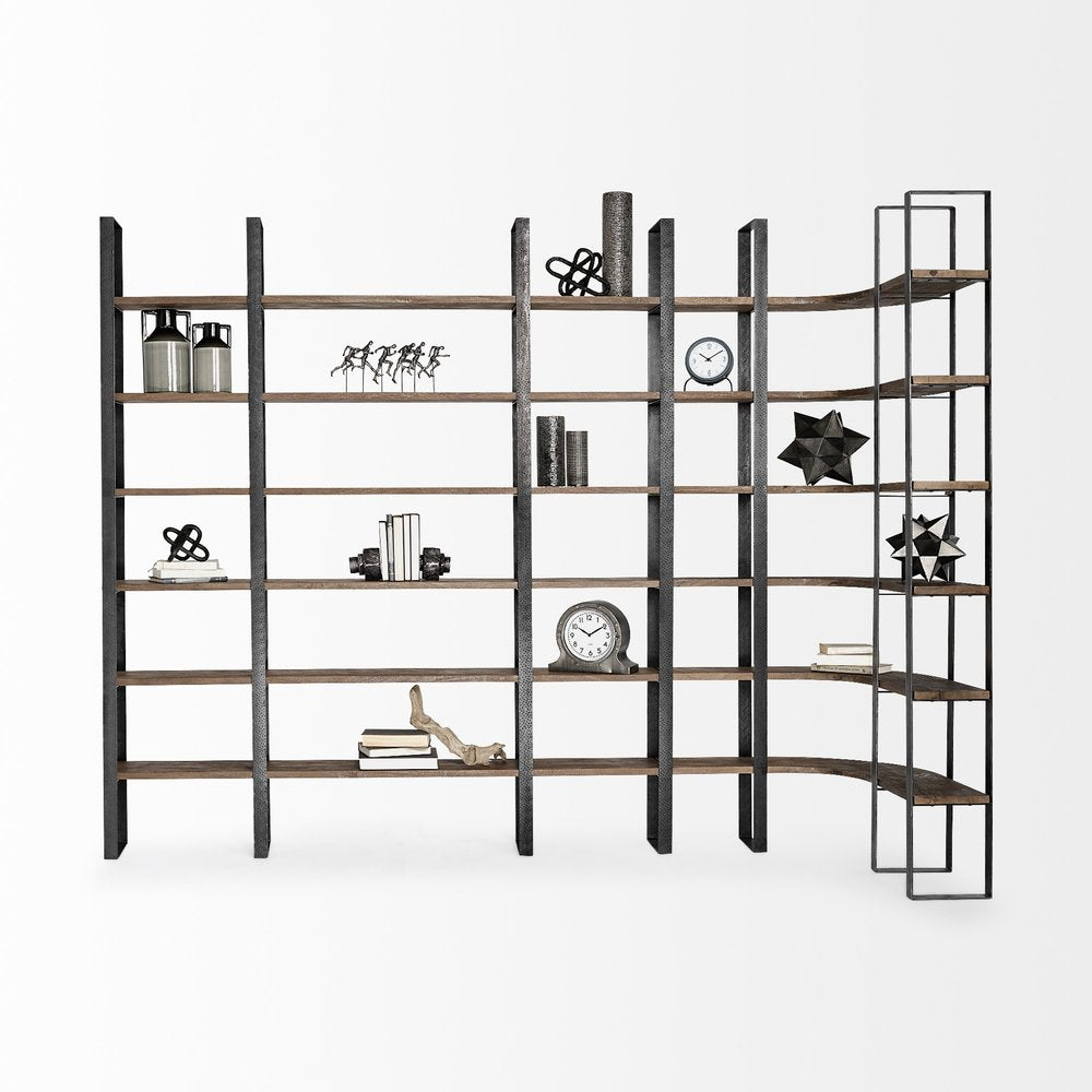 Brown Iron and Solid Wood Six Tier Bookcase