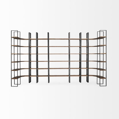 Brown Iron and Solid Wood Six Tier Bookcase