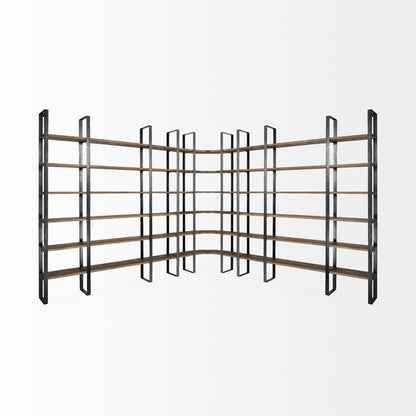 Brown Iron and Solid Wood Six Tier Bookcase