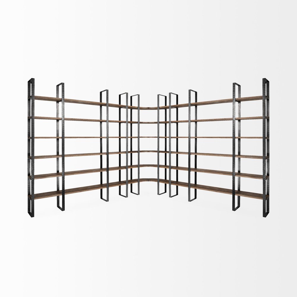 Brown Iron and Solid Wood Six Tier Bookcase