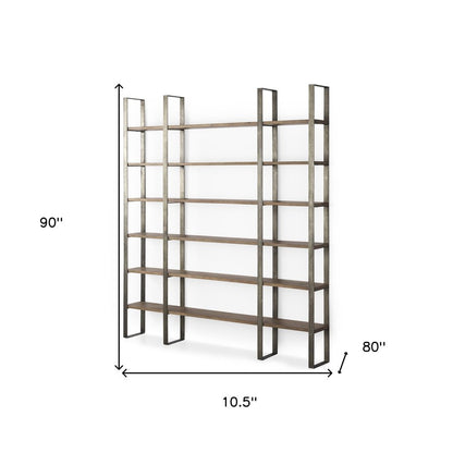 Brown Nickel and Solid Wood Six Tier Bookcase