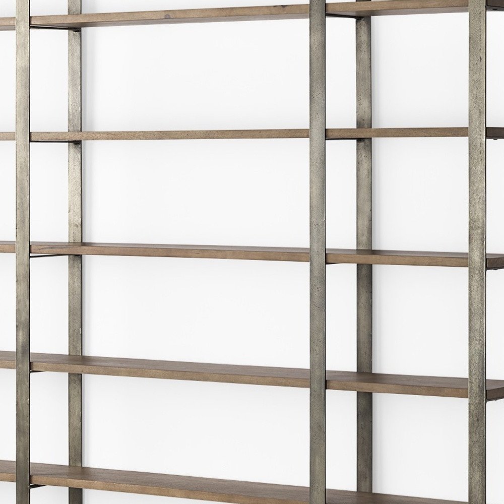 Brown Nickel and Solid Wood Six Tier Bookcase