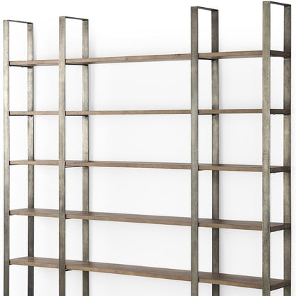 Brown Nickel and Solid Wood Six Tier Bookcase