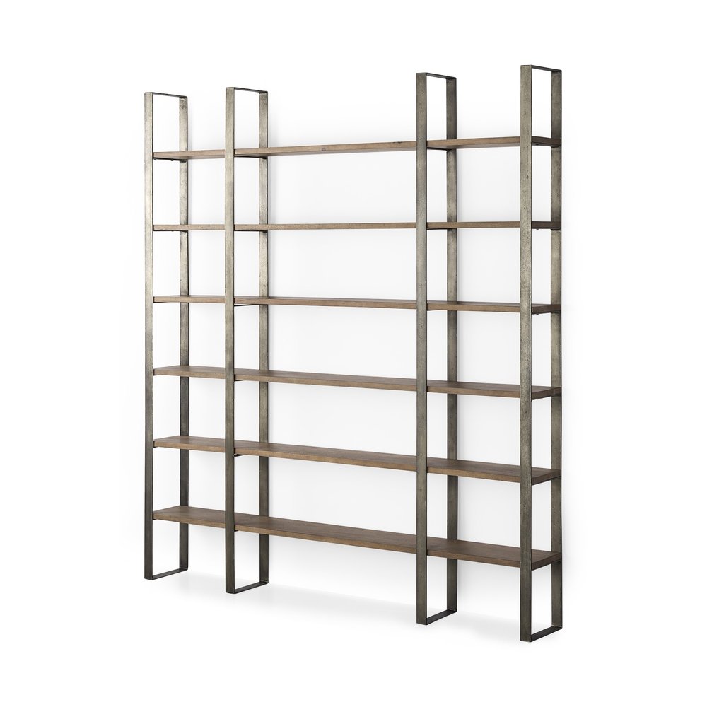 Brown Nickel and Solid Wood Six Tier Bookcase