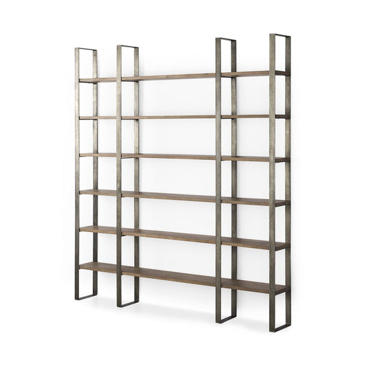 Brown Nickel and Solid Wood Six Tier Bookcase
