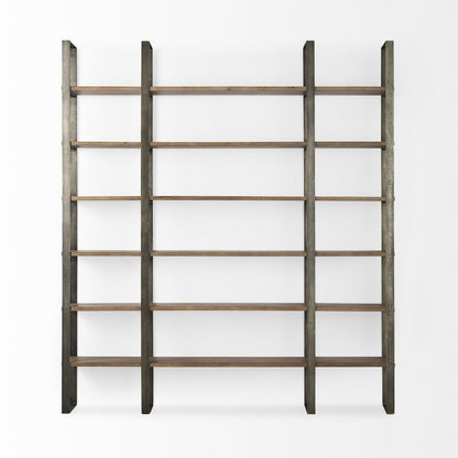 Brown Nickel and Solid Wood Six Tier Bookcase