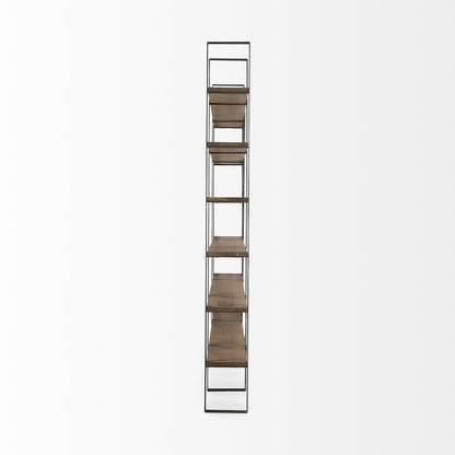 Brown Nickel and Solid Wood Six Tier Bookcase
