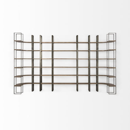 Brown Nickel and Solid Wood Six Tier Bookcase