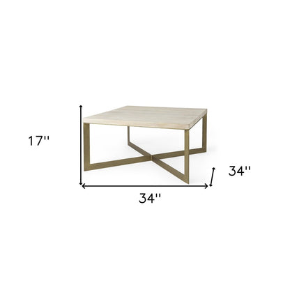 34" Beige Solid Wood And Iron Square Coffee Table