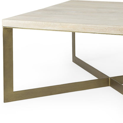 34" Beige Wood and Metal Square Coffee Table