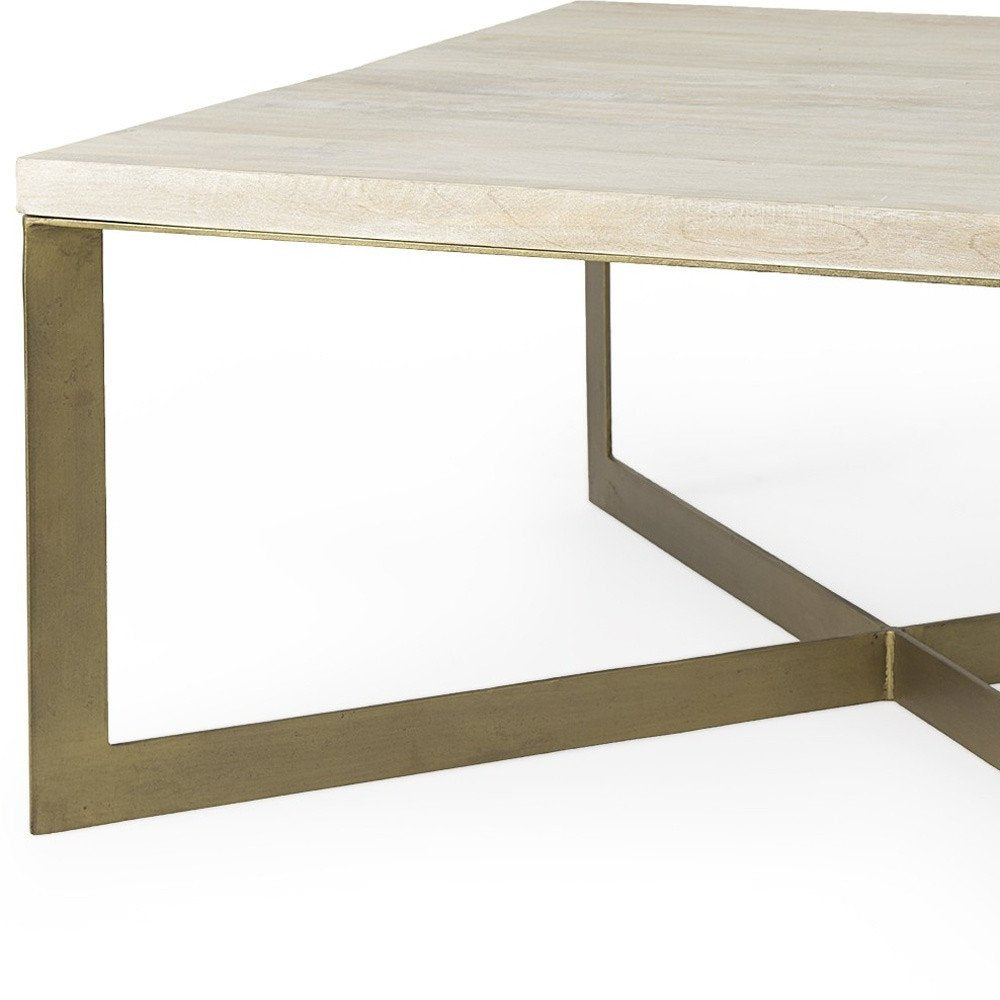 34" Beige Solid Wood And Iron Square Coffee Table