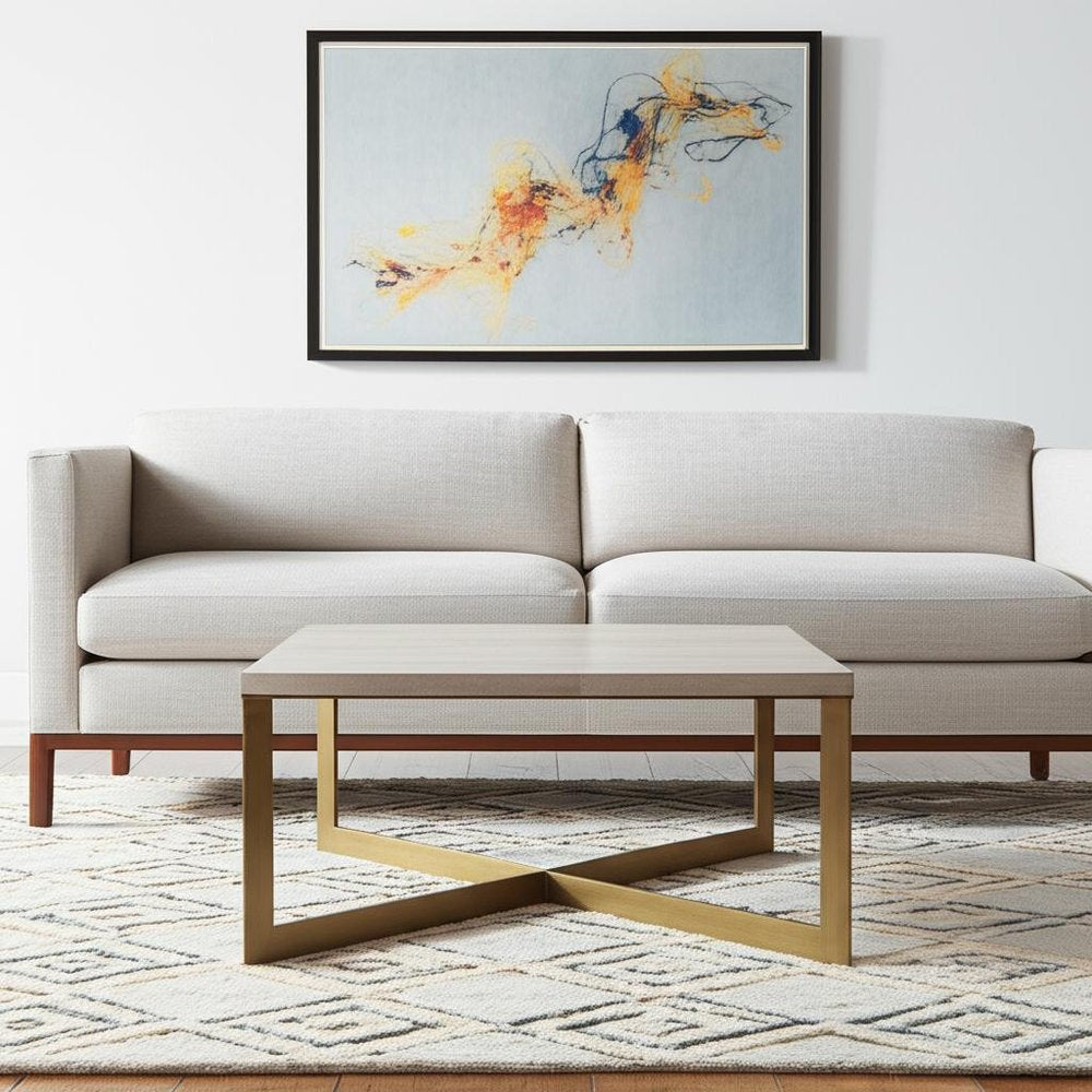 34" Beige Solid Wood And Iron Square Coffee Table