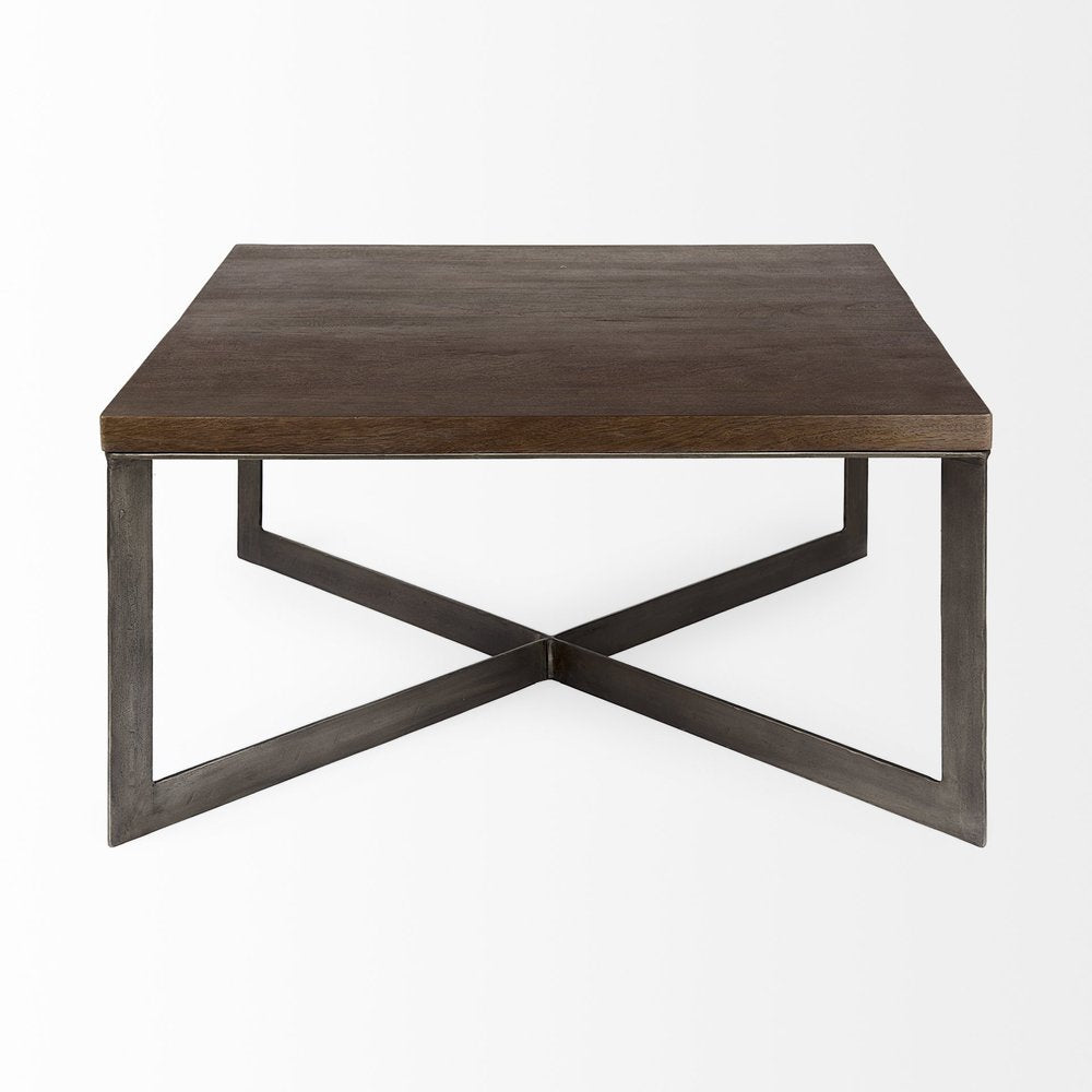 34" Brown Solid Wood and Metal Square Coffee Table