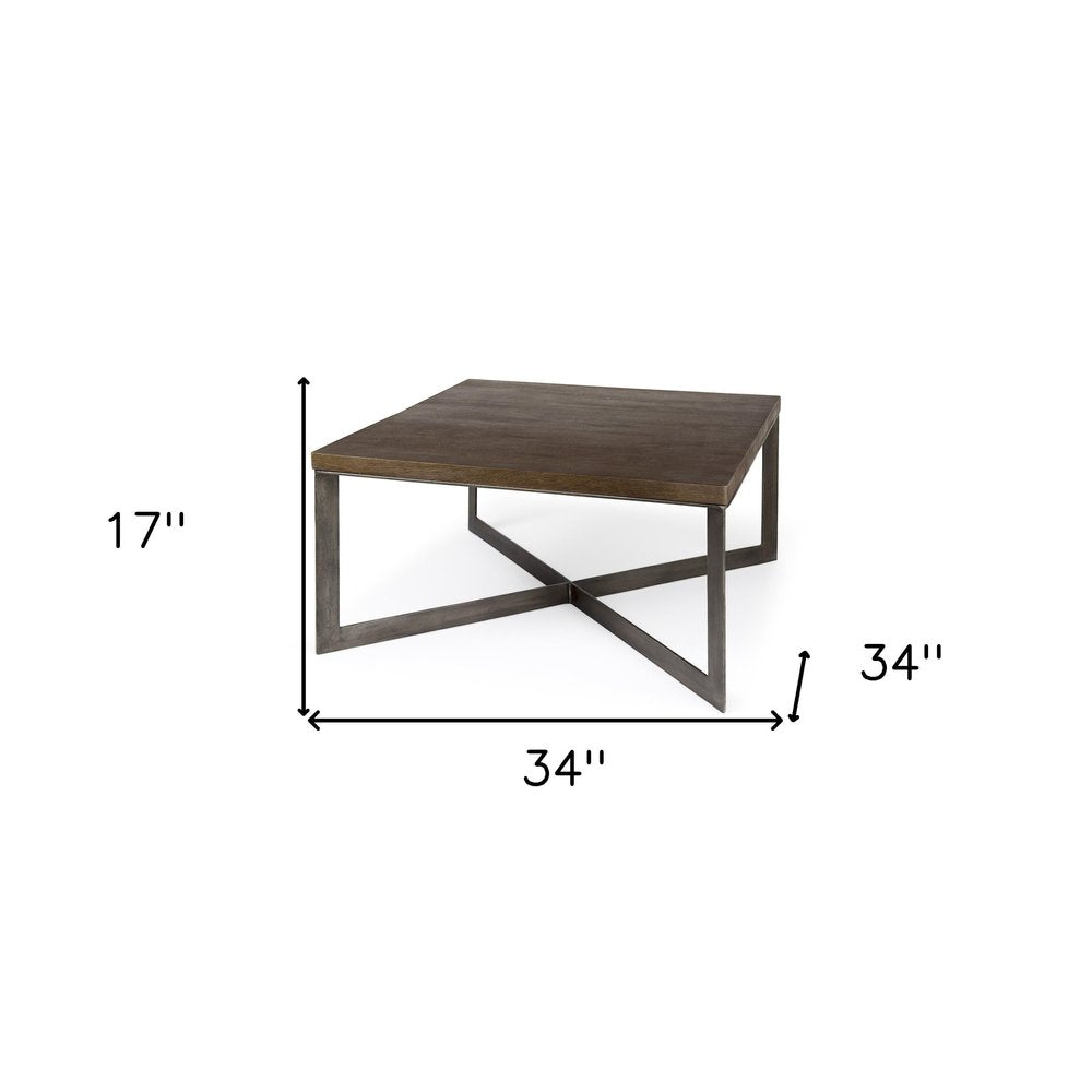 34" Brown Solid Wood And Iron Square Coffee Table