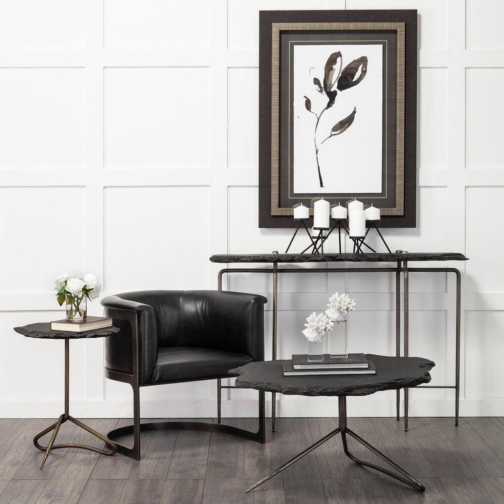 33" Black Wood and Metal Round Pedestal Coffee Table