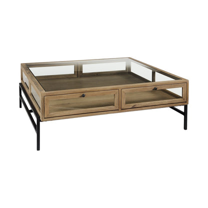 42" Clear and Black Glass and Metal Square Coffee Table With Two Drawers And Shelf