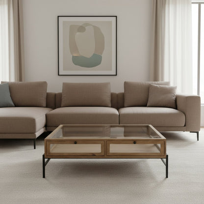 42" Clear and Black Glass and Metal Square Coffee Table With Two Drawers And Shelf